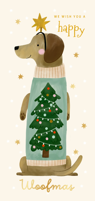 Kerstkaart teckel met kerstboom trui sterren happy woofmas - Kerstkaarten Kerstkaarten - Kerstkaart teckel met kerstboom trui sterren happy woofmas