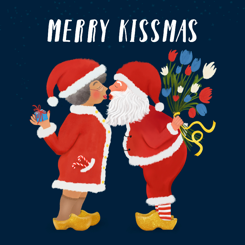 Kerstkaarten - Kerstkaart (tegoedbon) met kussende Kerstman en kerstvrouw