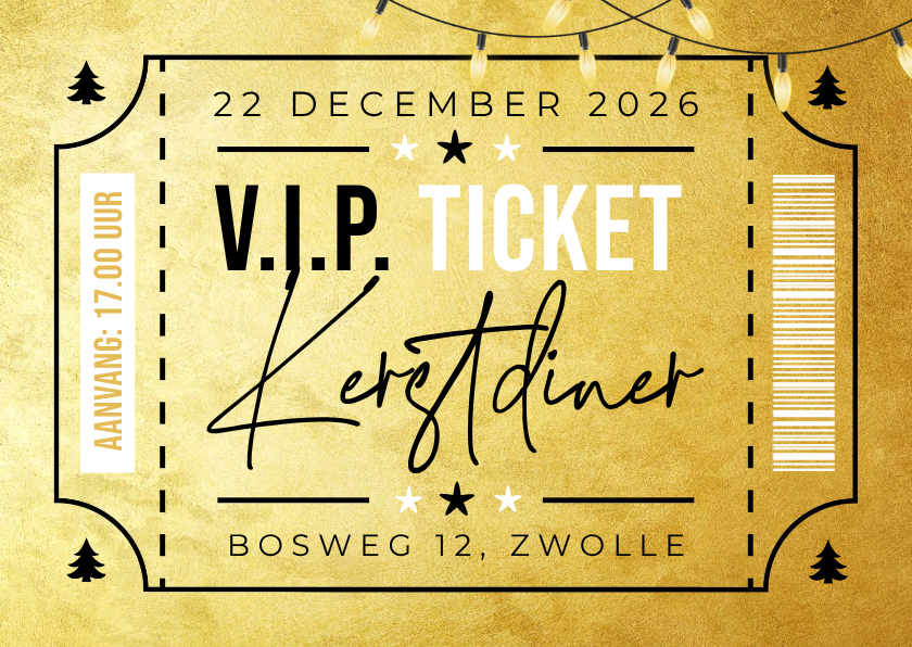 Kerstkaart ticket kerstdiner goud VIP party - Kerstkaarten Kerstkaarten - Kerstkaart ticket kerstdiner goud VIP party
