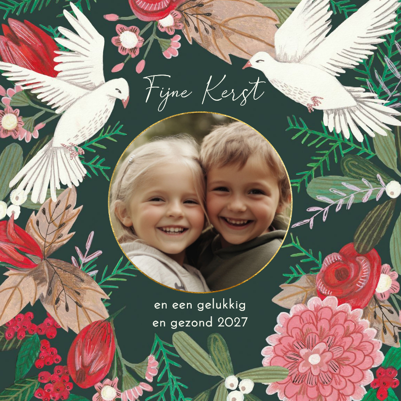 Kerstkaart twee duiven en een kerstkrans met foto - Kerstkaarten Kerstkaarten - Kerstkaart twee duiven en een kerstkrans met foto
