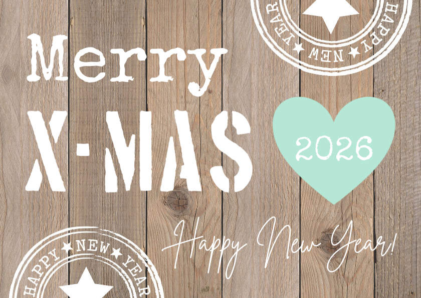 Kerstkaarten - Kerstkaart typografie houtlook hartje mintgroen 2026