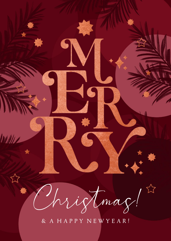 Kerstkaarten - Kerstkaart typografisch 'Merry Christmas' koper kerstballen
