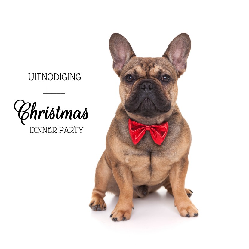Kerstkaarten - Kerstkaart uitnodiging - Franse Bull Dog met rode strik