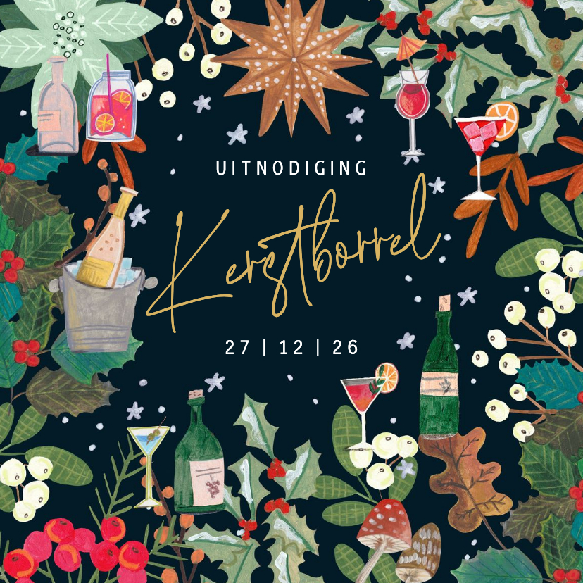 Kerstkaart uitnodiging kerstborrel botanisch - Kerstkaarten Kerstkaarten - Kerstkaart uitnodiging kerstborrel botanisch