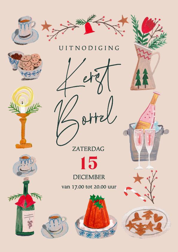 Kerstkaarten - Kerstkaart uitnodiging kerstborrel kerst doodles illustratie