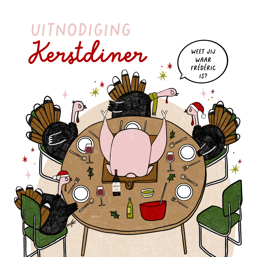 Kerstkaarten - Kerstkaart uitnodiging kerstdiner kalkoen cartoon