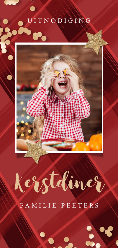 Kerstkaart uitnodiging kerstdiner ruitjes rood confetti goud - Kerstkaarten Kerstkaarten - Kerstkaart uitnodiging kerstdiner ruitjes rood confetti goud