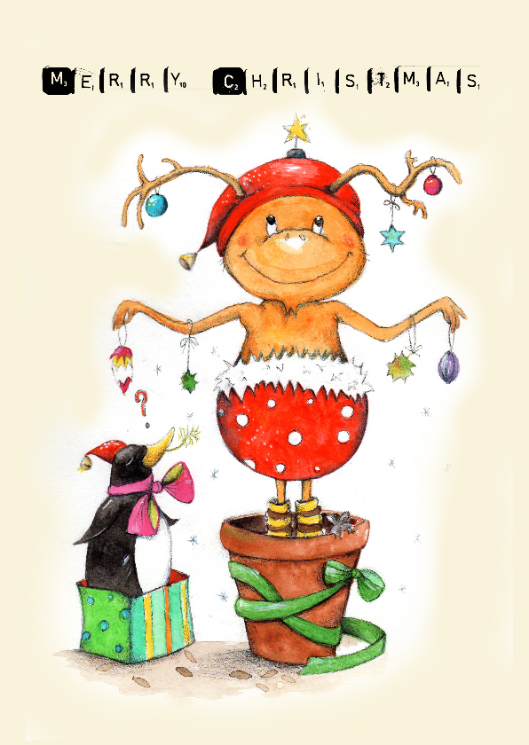 Kerstkaart van een vrolijke kerstelf - Kerstkaarten Kerstkaarten - Kerstkaart van een vrolijke kerstelf