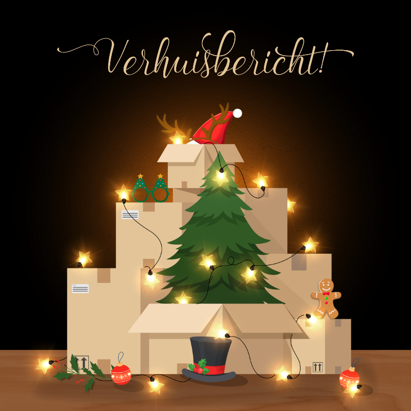 Kerstkaart verhuisbericht verhuisdozen met kerstspullen - Kerstkaarten Kerstkaarten - Kerstkaart verhuisbericht verhuisdozen met kerstspullen