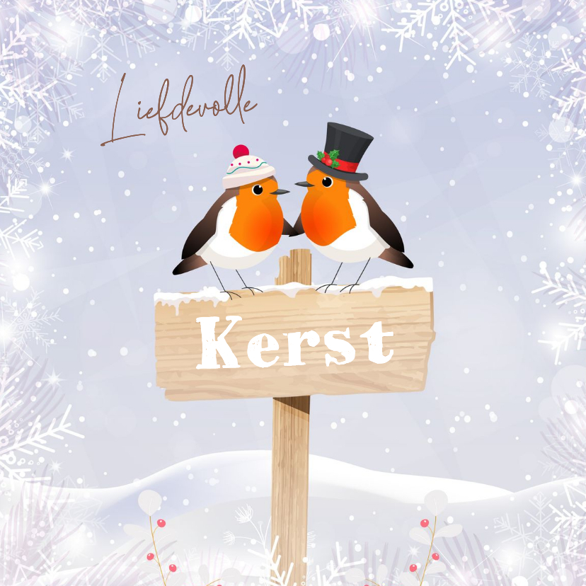 Kerstkaart verliefde roodborstjes in sneeuwlandschap - Kerstkaarten Kerstkaarten - Kerstkaart verliefde roodborstjes in sneeuwlandschap