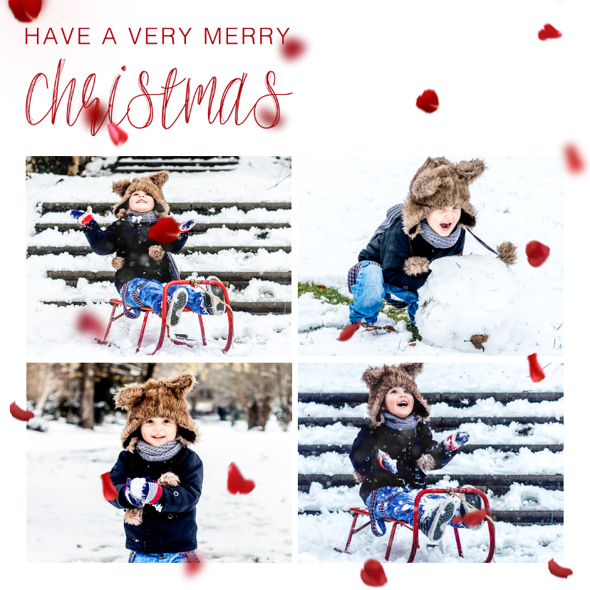 Kerstkaart vierkant met foto's en rode blaadjes - Kerstkaarten Kerstkaarten - Kerstkaart vierkant met foto's en rode blaadjes
