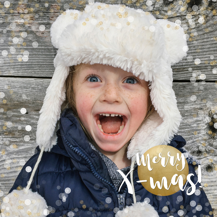 Kerstkaarten - Kerstkaart vierkant met goud en witte confetti en grote foto