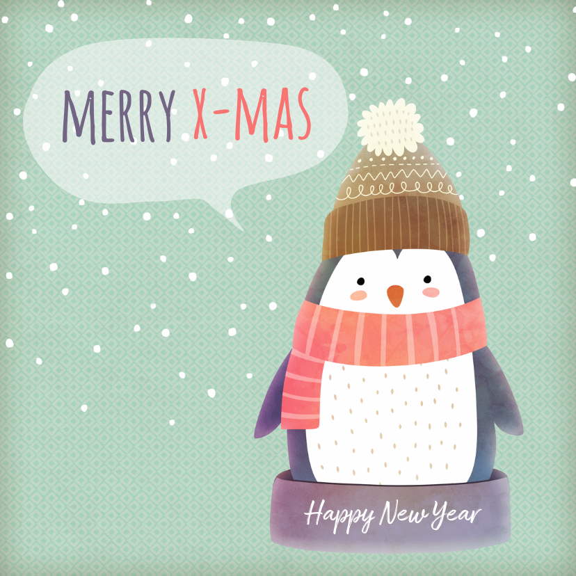 Kerstkaart vierkant pinguïn met muts - BK - Kerstkaarten Kerstkaarten - Kerstkaart vierkant pinguïn met muts - BK