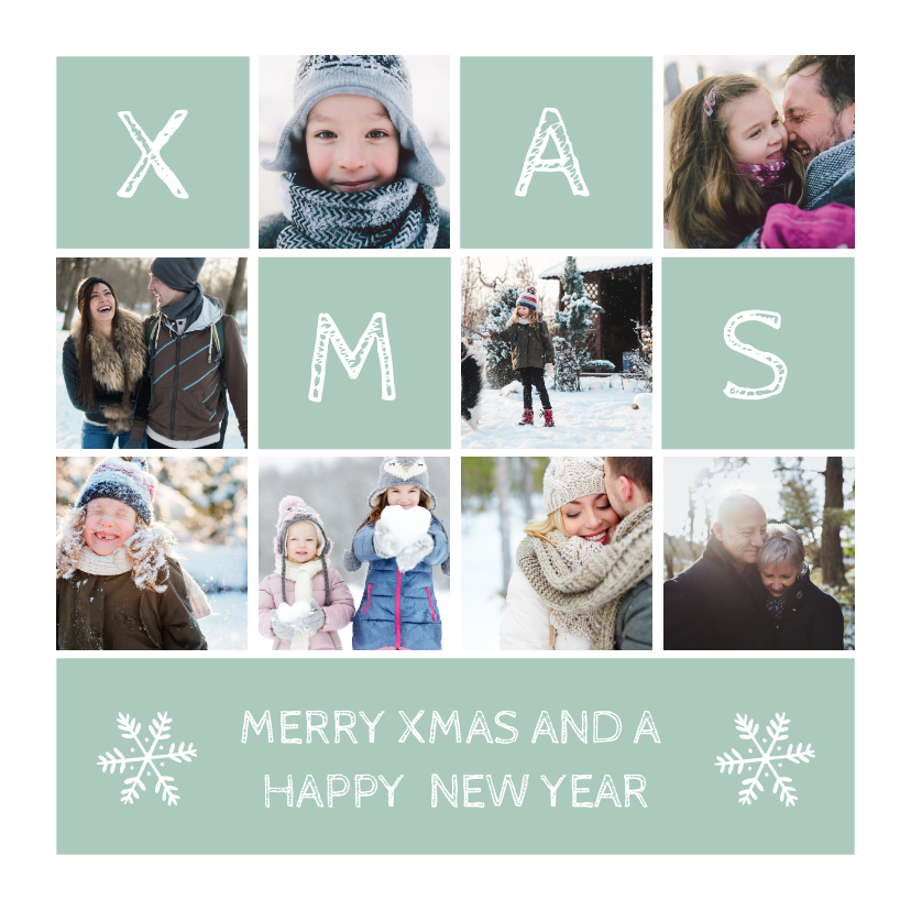 Kerstkaart vierkant XMAS met vakjes en foto's - Kerstkaarten Kerstkaarten - Kerstkaart vierkant XMAS met vakjes en foto's