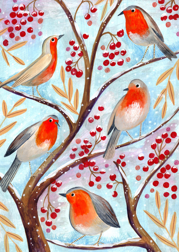 Kerstkaarten - Kerstkaart vogel illustratie in een boom met besjes