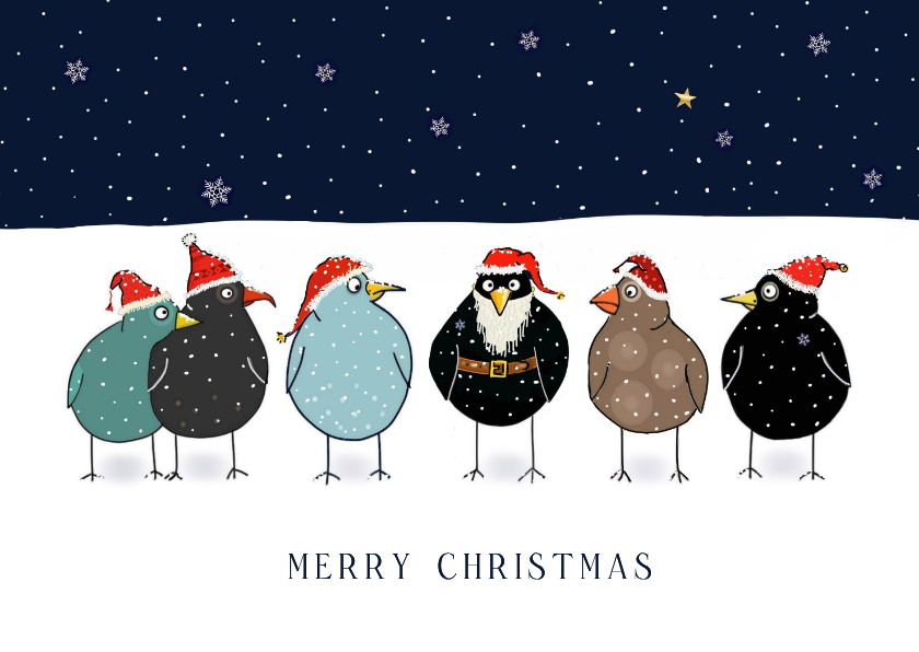 Kerstkaarten - Kerstkaart vogels met kerstmuts en baard in de sneeuw