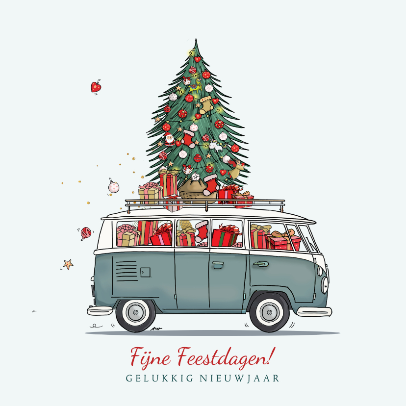 Kerstkaarten - Kerstkaart volkswagenbusje met kerstboom