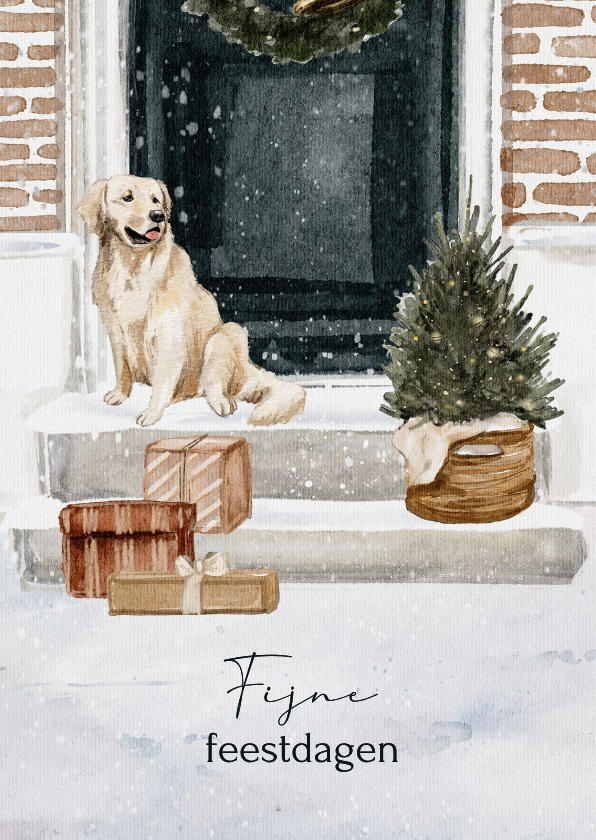 Kerstkaart voordeur blonde labrador cadeautjes - Kerstkaarten Kerstkaarten - Kerstkaart voordeur blonde labrador cadeautjes