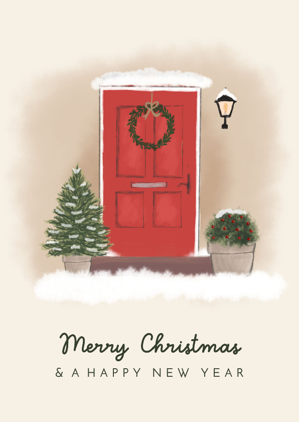 Kerstkaart voordeur met kerstboom en kerstkrans - Kerstkaarten Kerstkaarten - Kerstkaart voordeur met kerstboom en kerstkrans