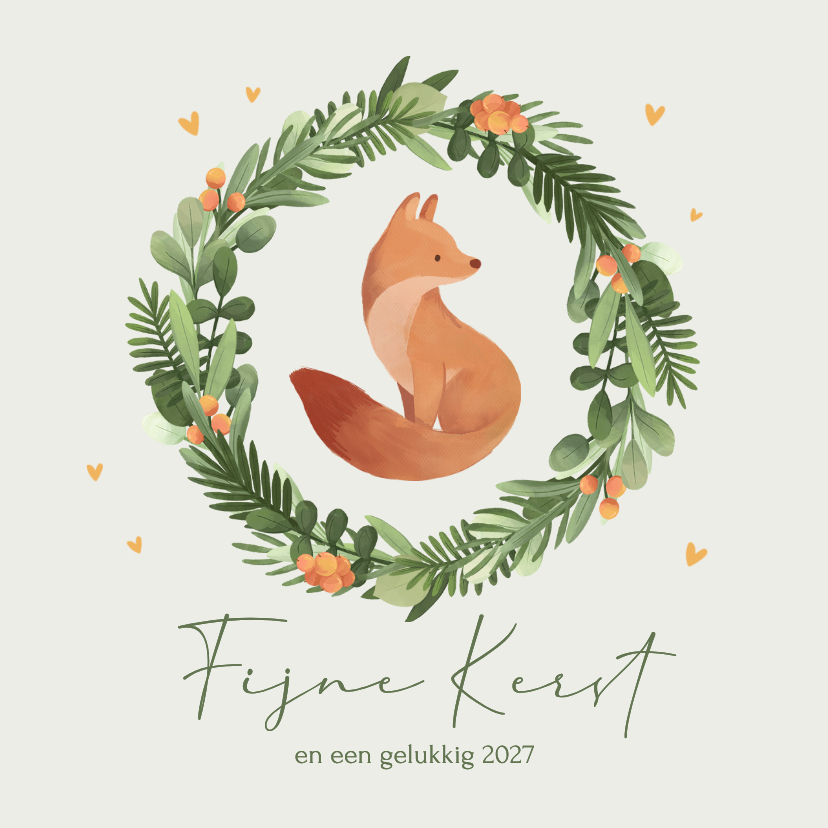 Kerstkaarten - Kerstkaart vos fijne kerst kerstkrans winter illustratie