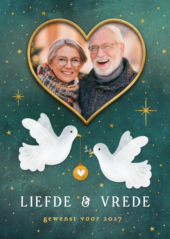 Kerstkaart vrede en liefde met vredesduif en foto in hartje - Kerstkaarten Kerstkaarten - Kerstkaart vrede en liefde met vredesduif en foto in hartje