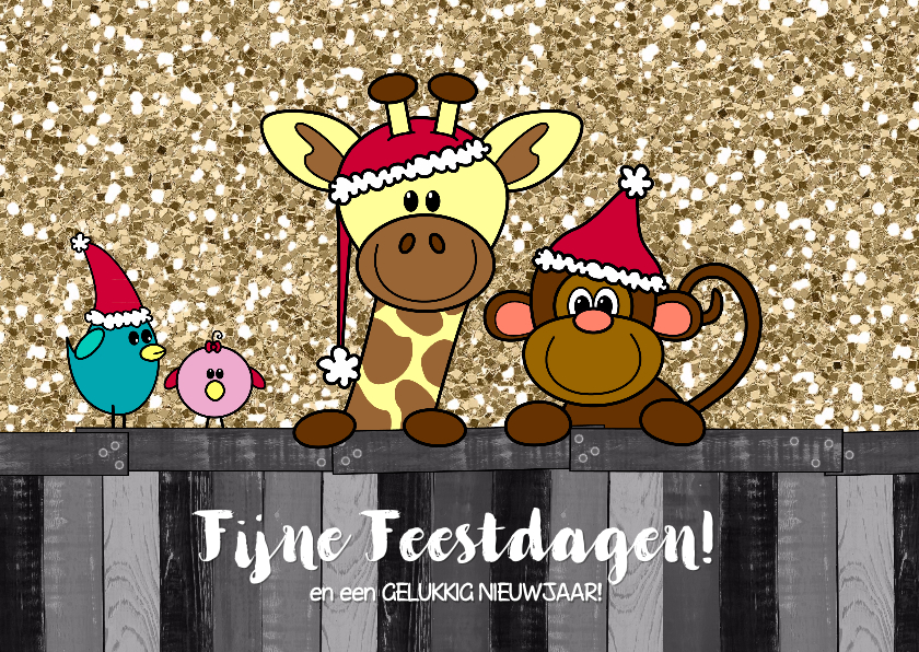 Kerstkaart vrolijk en hip met een girafje aapje en vogels - Kerstkaarten Kerstkaarten - Kerstkaart vrolijk en hip met een girafje aapje en vogels