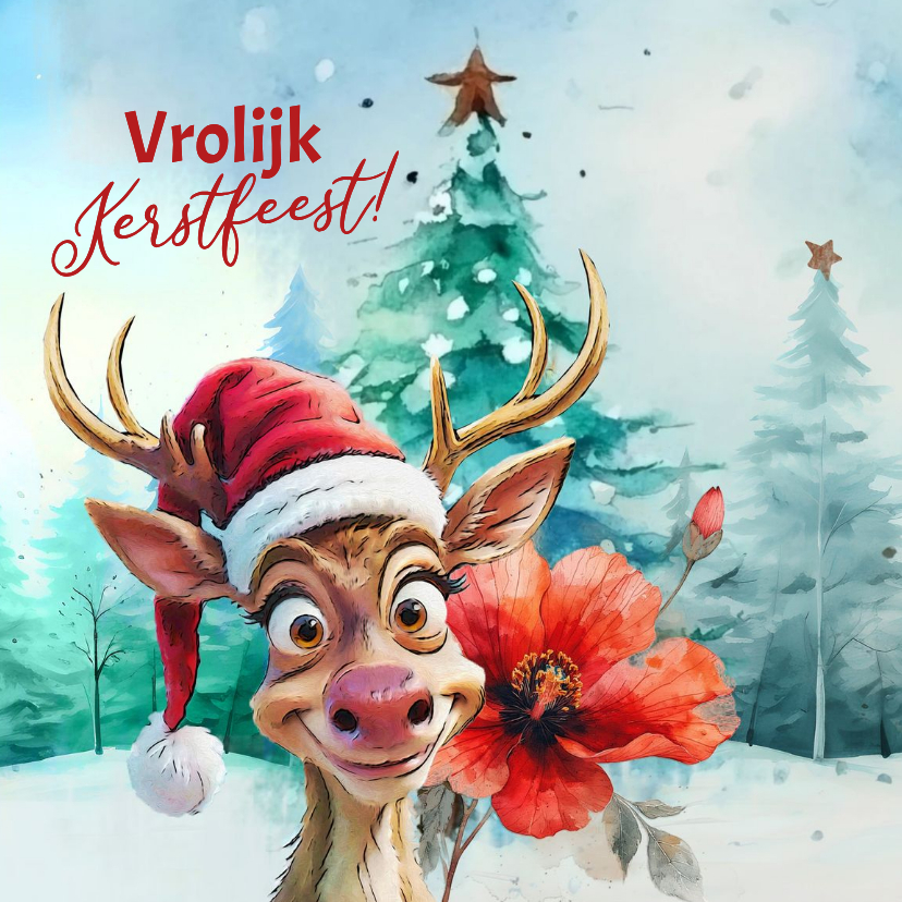 Kerstkaart vrolijk hertje kerstroos - Kerstkaarten Kerstkaarten - Kerstkaart vrolijk hertje kerstroos