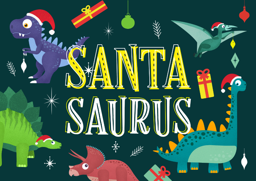 Kerstkaarten - Kerstkaart vrolijk hip dinosaurus feest humor kinderen 