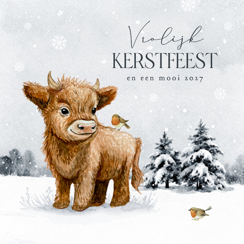 Kerstkaart vrolijk kerstfeest schotse hooglander roodborstje - Kerstkaarten Kerstkaarten - Kerstkaart vrolijk kerstfeest schotse hooglander roodborstje