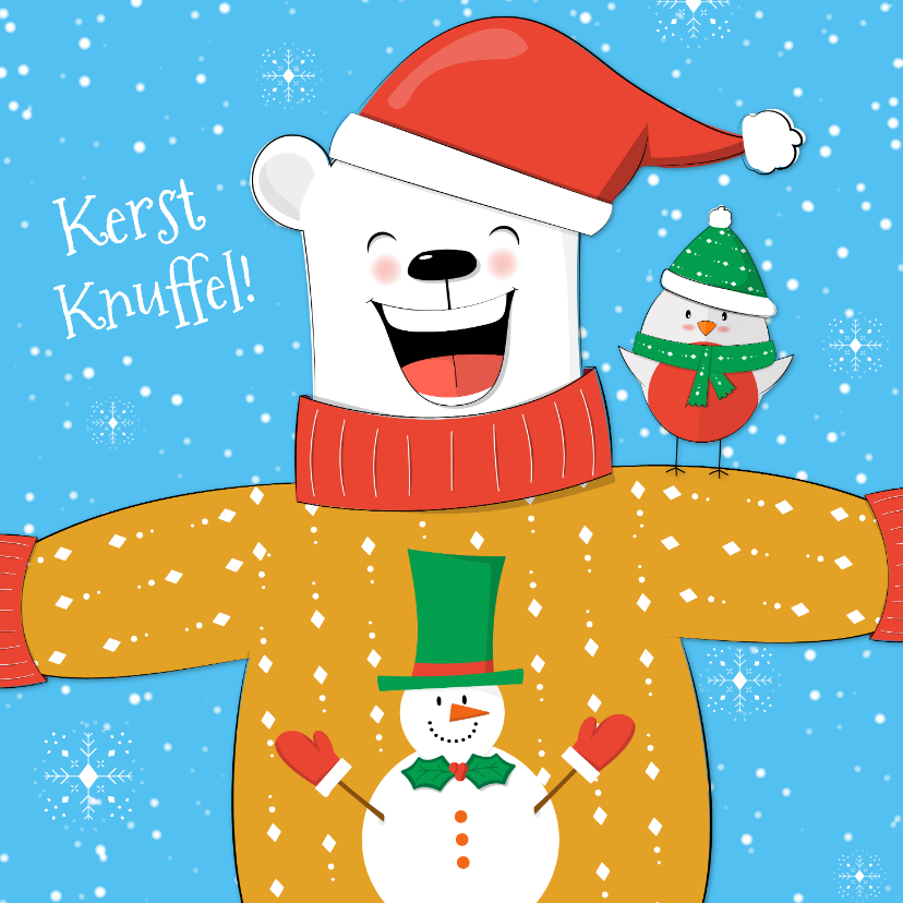 Kerstkaart vrolijk lief knuffel van ijsbeer en roodborstje - Kerstkaarten Kerstkaarten - Kerstkaart vrolijk lief knuffel van ijsbeer en roodborstje