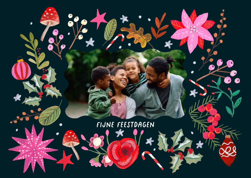 Kerstkaart vrolijke bloemen modern roze - Kerstkaarten Kerstkaarten - Kerstkaart vrolijke bloemen modern roze