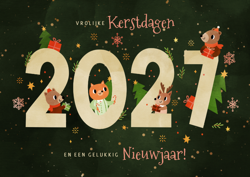Kerstkaarten - Kerstkaart vrolijke diertjes met cadeaus 2027 donkergroen 