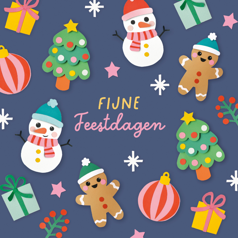 Kerstkaart vrolijke figuren donkerblauw - Kerstkaarten Kerstkaarten - Kerstkaart vrolijke figuren donkerblauw