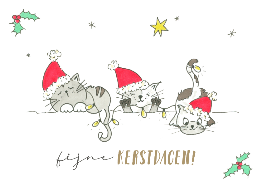 Kerstkaart - Vrolijke katten met kerstelementen - Kerstkaarten Kerstkaarten - Kerstkaart - Vrolijke katten met kerstelementen