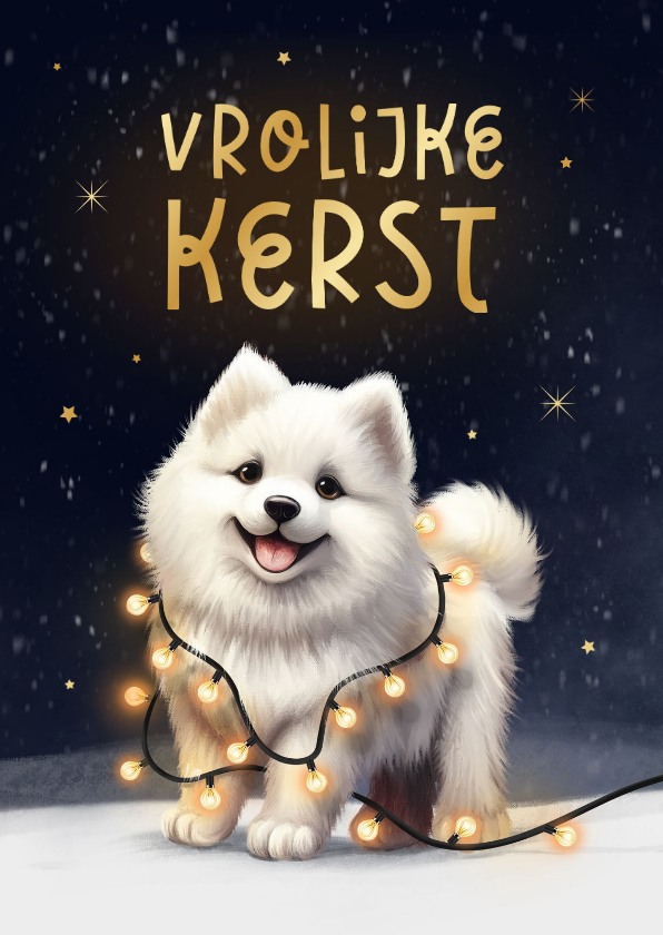 Kerstkaart vrolijke kerst hond Samojeed puppy winter lampjes - Kerstkaarten Kerstkaarten - Kerstkaart vrolijke kerst hond Samojeed puppy winter lampjes