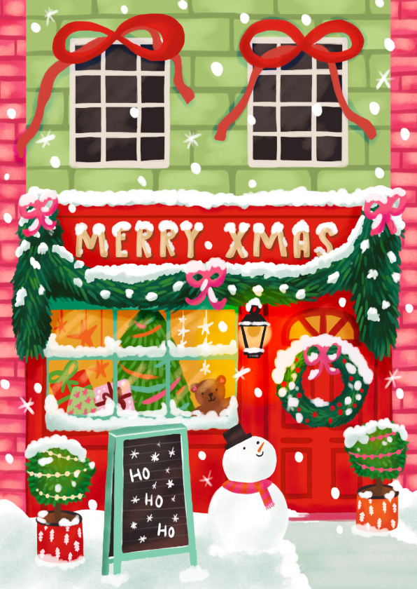 Kerstkaart vrolijke kerst winkel merry Xmas met sneeuwpop - Kerstkaarten Kerstkaarten - Kerstkaart vrolijke kerst winkel merry Xmas met sneeuwpop