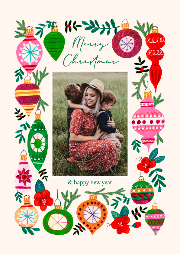 Kerstkaarten - Kerstkaart vrolijke kerstballen illustratie rand