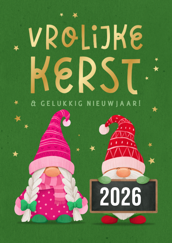 Kerstkaart vrolijke kerstkabouters gnome sterren goud 2026 - Kerstkaarten Kerstkaarten - Kerstkaart vrolijke kerstkabouters gnome sterren goud 2026