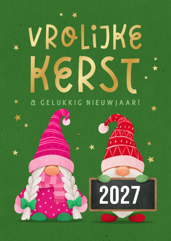 Kerstkaarten - Kerstkaart vrolijke kerstkabouters gnome sterren goud 2027
