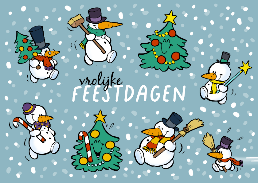 Kerstkaart vrolijke sneeuwpoppen - Kerstkaarten Kerstkaarten - Kerstkaart vrolijke sneeuwpoppen