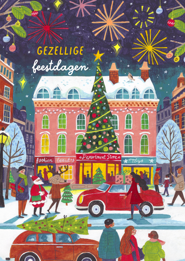 Kerstkaart vuurwerk in de stad met sneeuw - Kerstkaarten Kerstkaarten - Kerstkaart vuurwerk in de stad met sneeuw