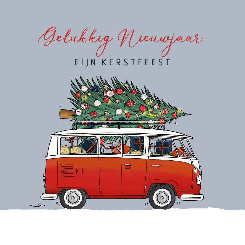 Kerstkaarten - Kerstkaart vw busje rood met kerstboom 