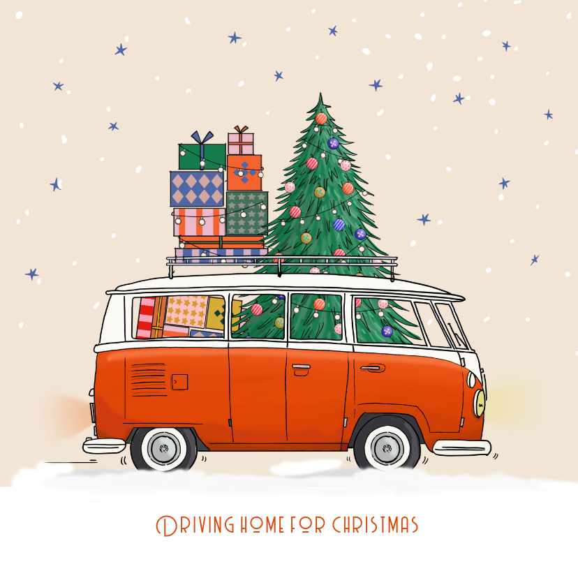 Kerstkaarten - Kerstkaart vw busje rood met pakjes