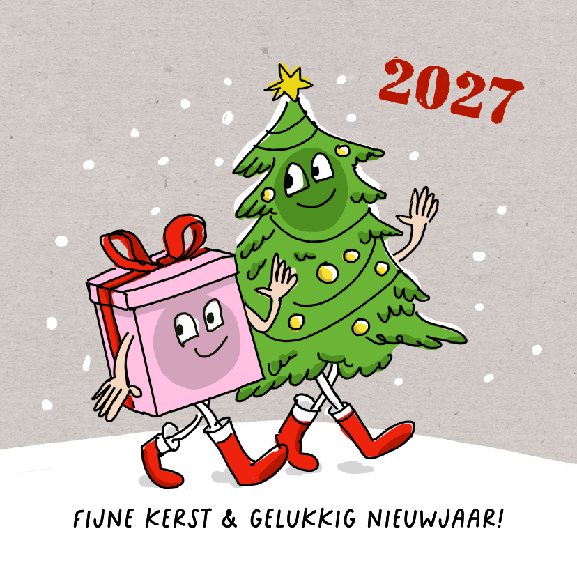 Kerstkaart wandelende kerstboom en kerstkado - Kerstkaarten Kerstkaarten - Kerstkaart wandelende kerstboom en kerstkado