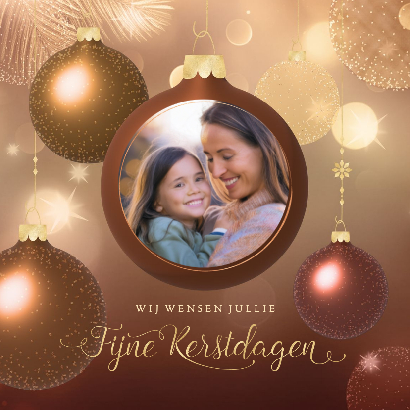 Kerstkaart warm chique met koperen kerstballen en eigen foto - Kerstkaarten Kerstkaarten - Kerstkaart warm chique met koperen kerstballen en eigen foto