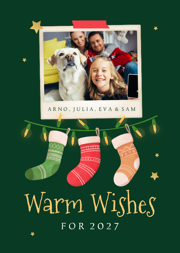 Kerstkaarten - Kerstkaart warm wishes lampjes sokken zuurstok foto sterren
