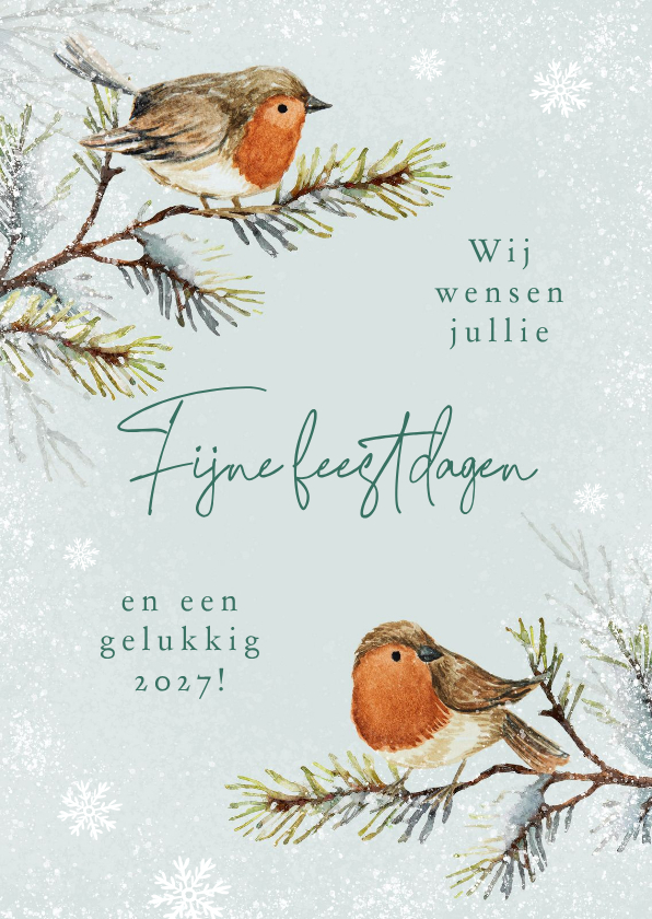 Kerstkaart waterverf roodborstjes winter sneeuwvlokken - Kerstkaarten Kerstkaarten - Kerstkaart waterverf roodborstjes winter sneeuwvlokken