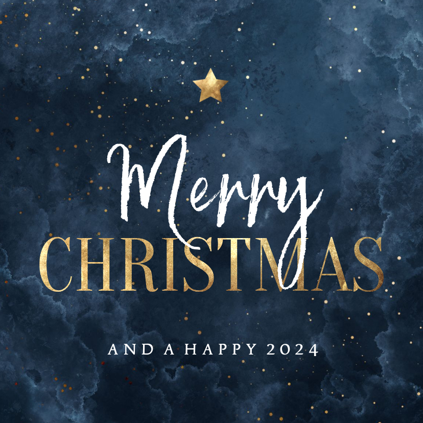 Kerstkaart waterverf wolkjes Merry Christmas met ster - Kerstkaarten Kerstkaarten - Kerstkaart waterverf wolkjes Merry Christmas met ster