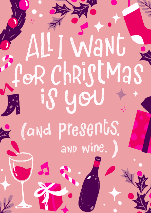 Kerstkaart wijn en cadeaus - Kerstkaarten Kerstkaarten - Kerstkaart wijn en cadeaus