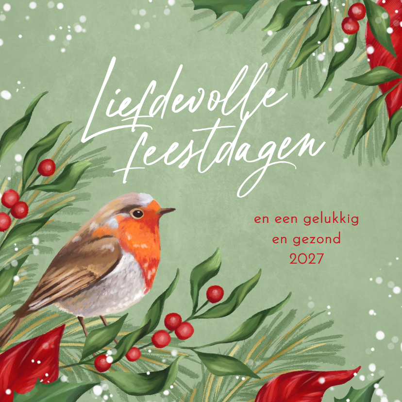 Kerstkaart winter roodborstje takjes sneeuw groen - Kerstkaarten Kerstkaarten - Kerstkaart winter roodborstje takjes sneeuw groen